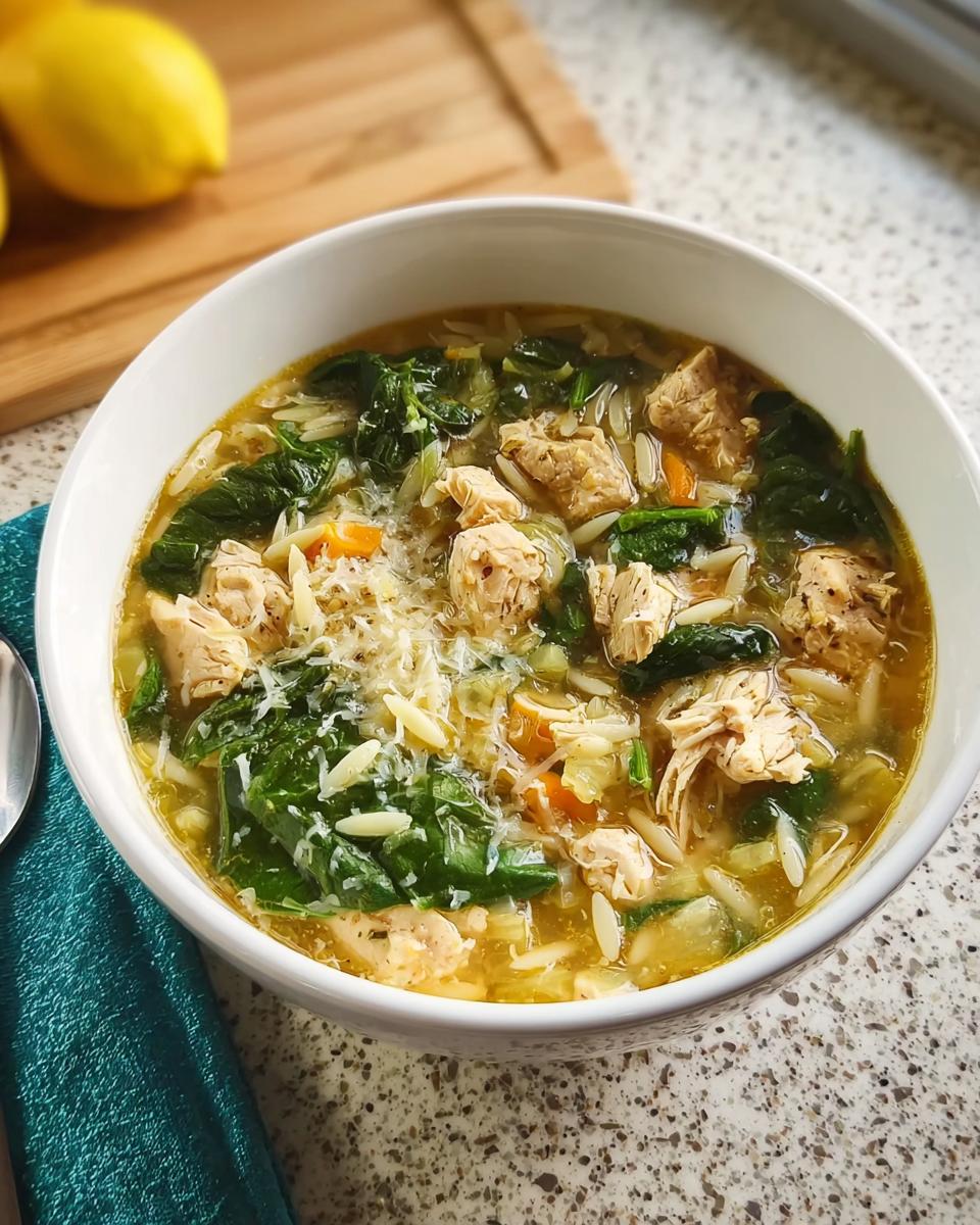 A bowl of restaurant-style chicken orzo soup with spinach, carrots, and shredded chicken, topped with grated cheese.