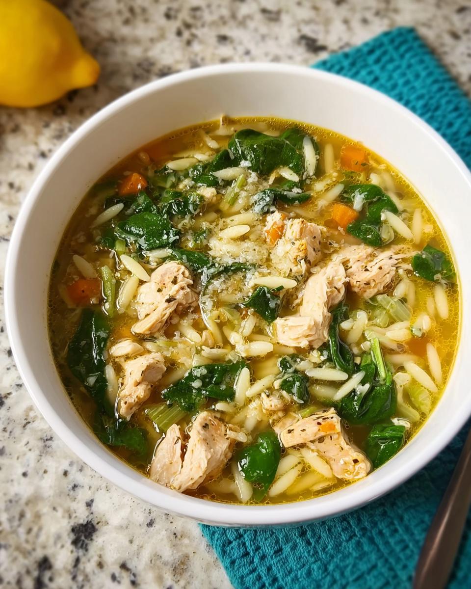 A close-up of a bowl of chicken orzo soup with spinach and carrots, a restaurant-style soup recipe.