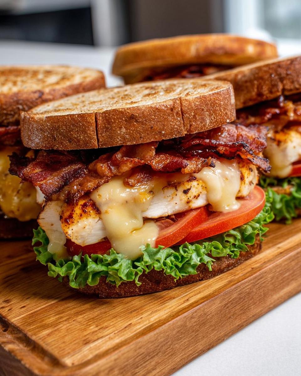 Close-up of a delicious chicken sandwich with bacon, cheese, lettuce, and tomato, perfect for restaurant-style easy dinner recipes at home.