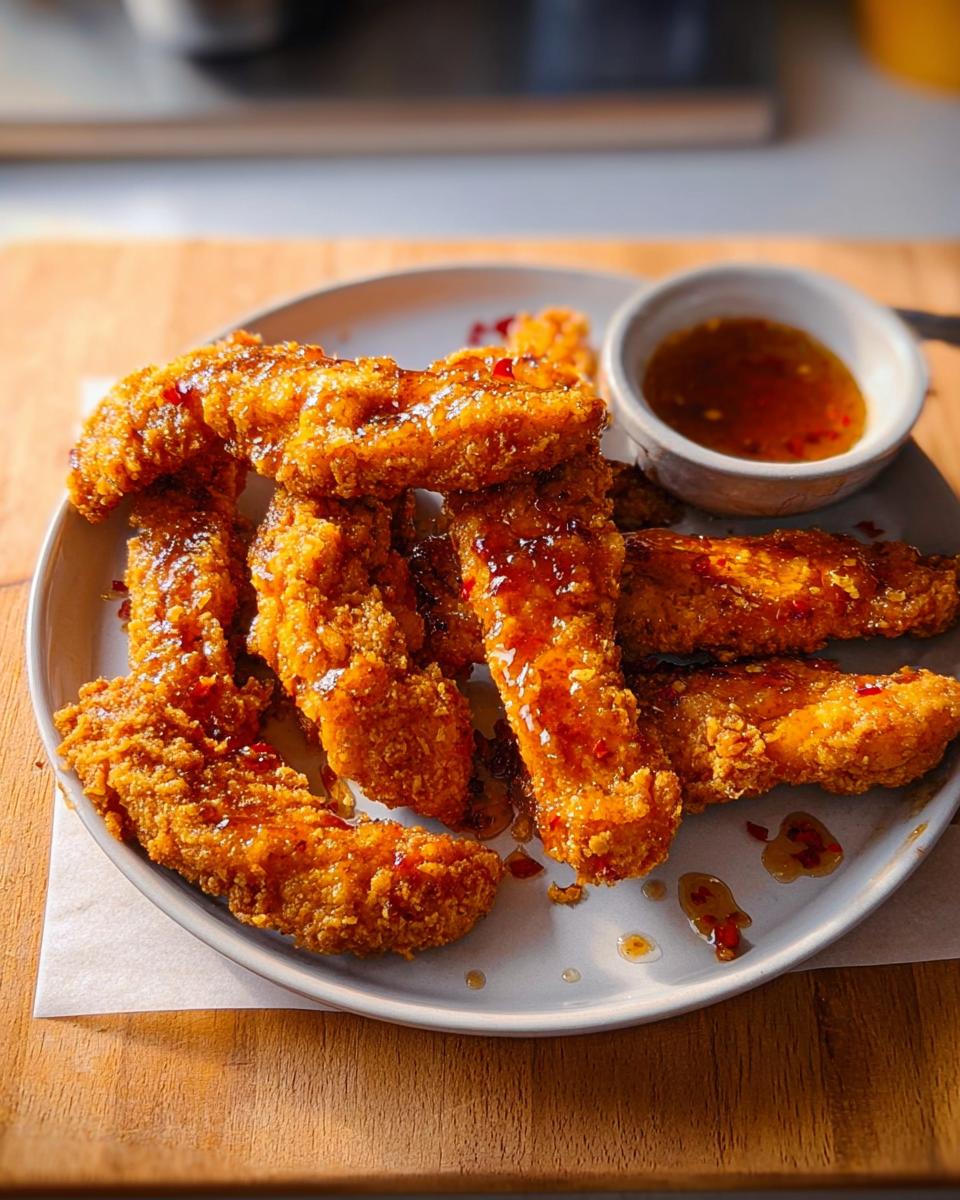 Crispy, golden-brown chicken strips coated in a glossy, sweet and spicy glaze, served with a dipping sauce. A perfect example of restaurant-style chicken recipes at home.