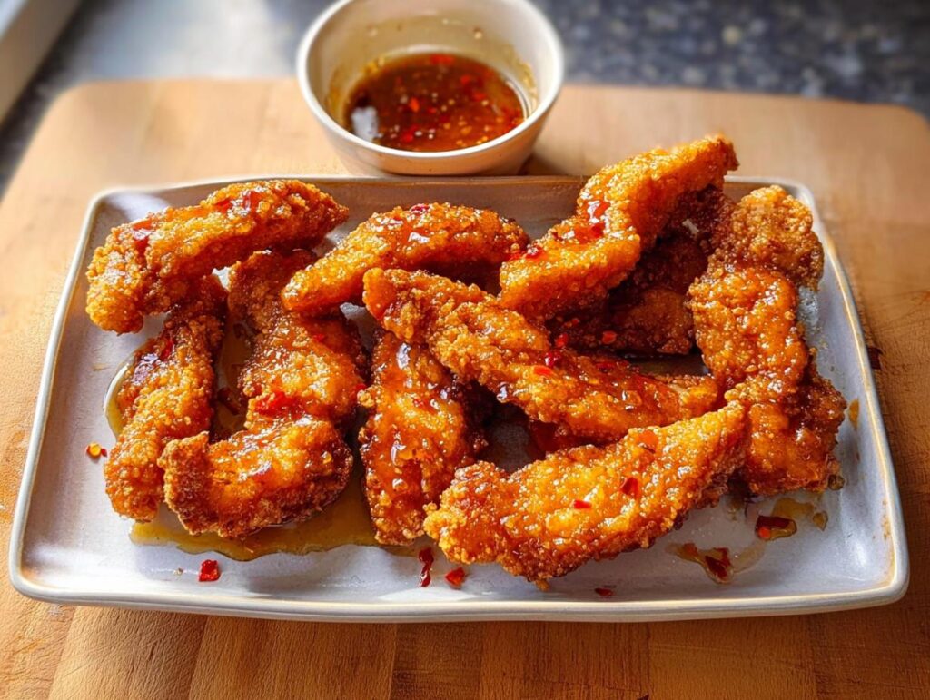Crispy, glazed chicken strips served with a dipping sauce, perfect for restaurant-style chicken recipes at home.