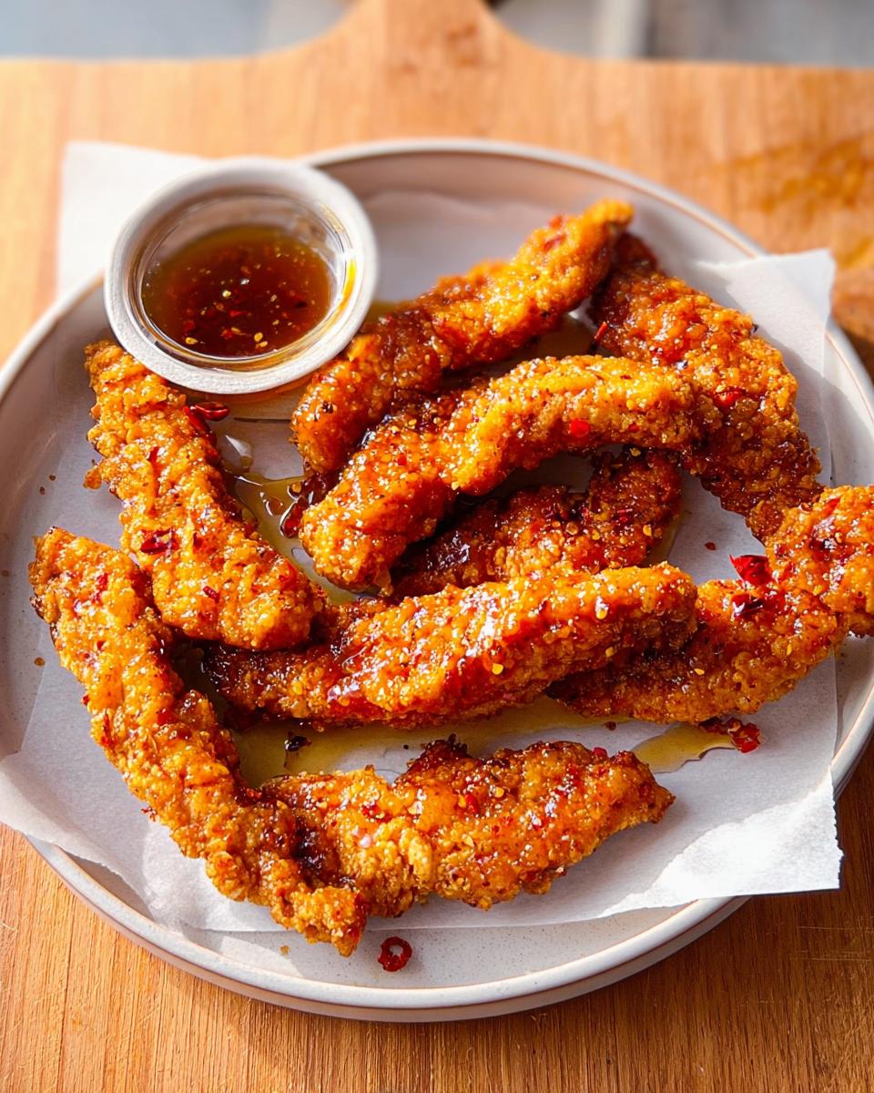 Crispy fried chicken strips coated in a glossy, spicy glaze, served with a side of dipping sauce. A perfect restaurant-style chicken recipe.