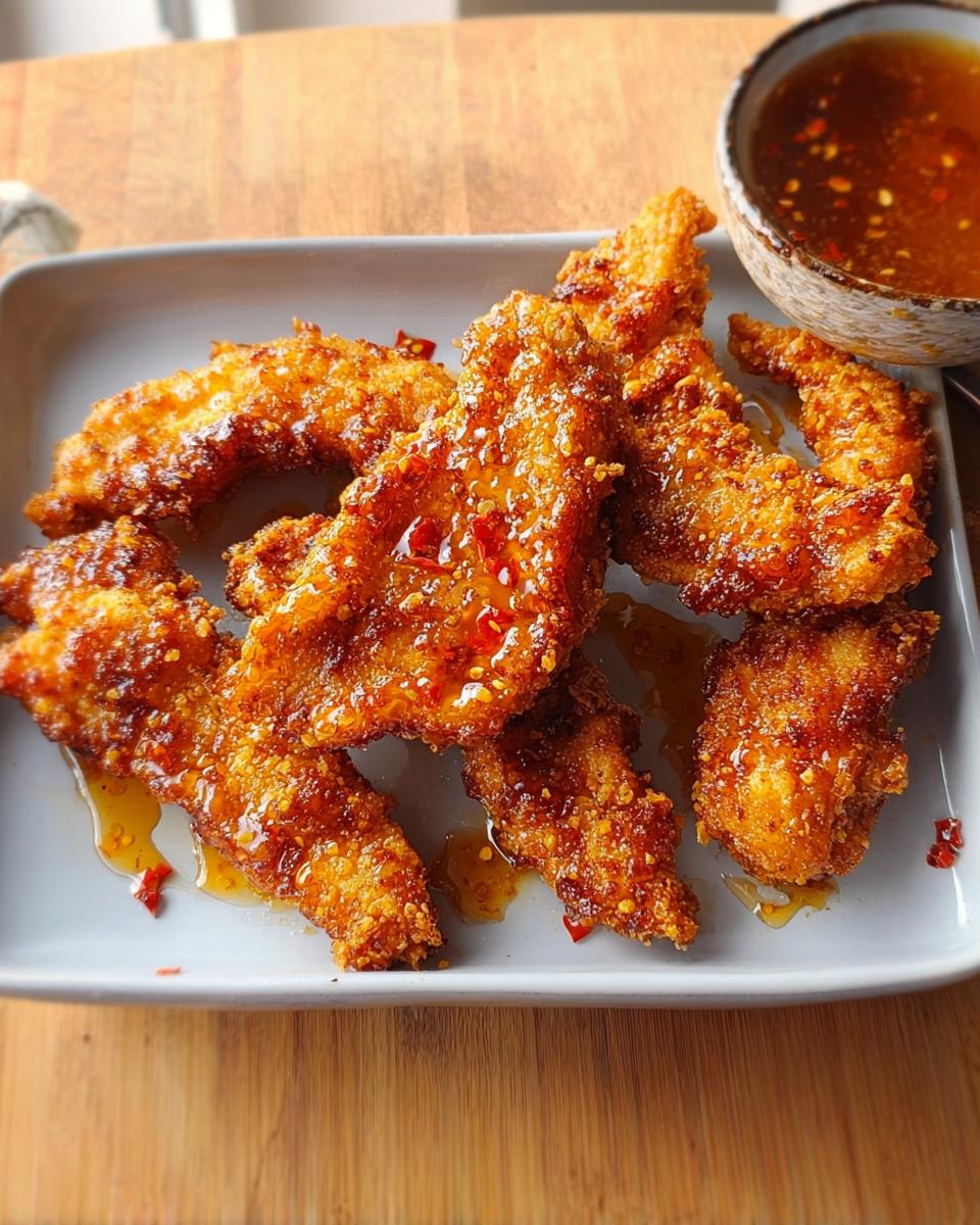 Golden brown crispy chicken strips coated in a glossy sweet chili glaze, served with a side of dipping sauce. A perfect restaurant-style chicken recipe.