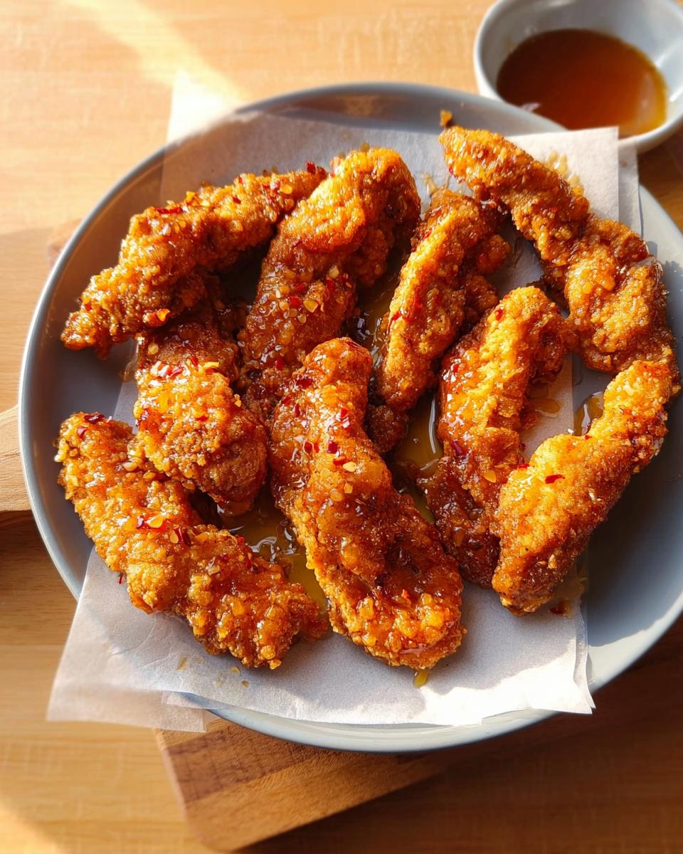 A plate of crispy, golden-brown chicken tenders drizzled with a sweet and spicy glaze, perfect for restaurant-style chicken recipes at home.