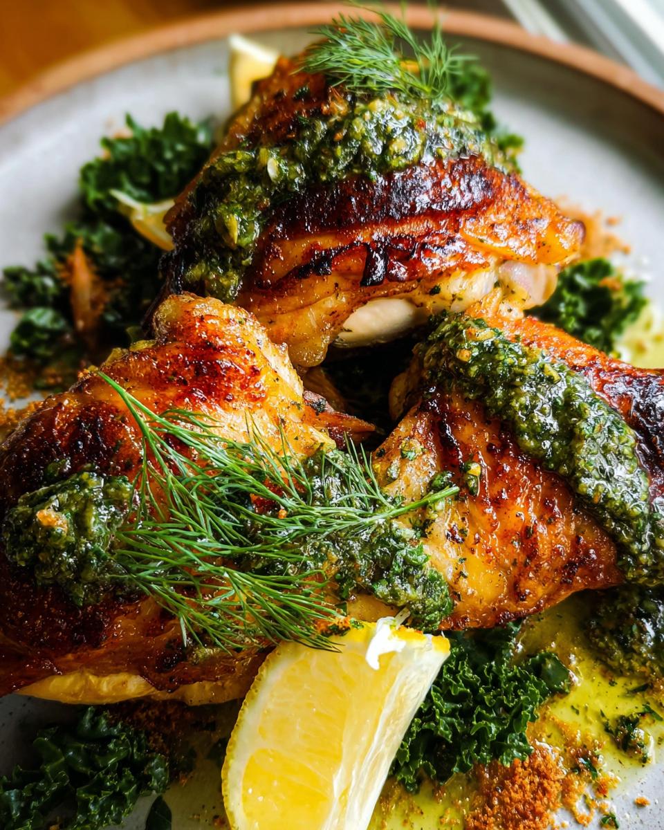 Three juicy, golden-brown chicken thighs topped with vibrant green gremolata, served with kale and lemon wedges. A perfect example of restaurant-style chicken thigh recipes at home.