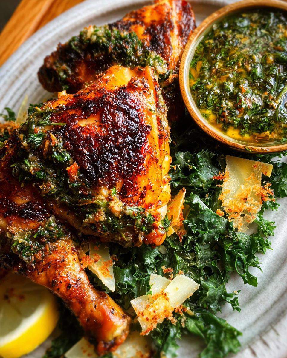 Close-up of crispy, restaurant-style chicken thighs topped with gremolata, served with kale and a lemon wedge.