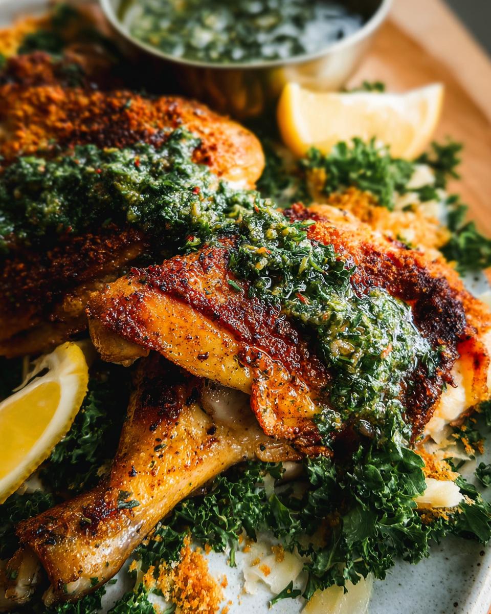 Close-up of perfectly cooked restaurant-style chicken thighs topped with vibrant gremolata and lemon wedges.
