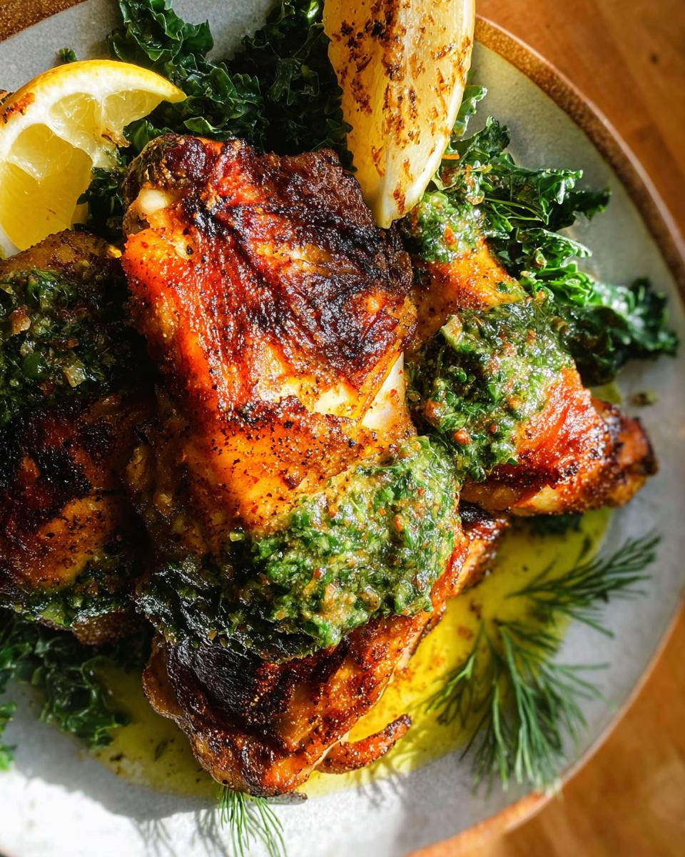Close-up of perfectly cooked restaurant-style chicken thighs topped with vibrant gremolata and served with lemon wedges and kale.
