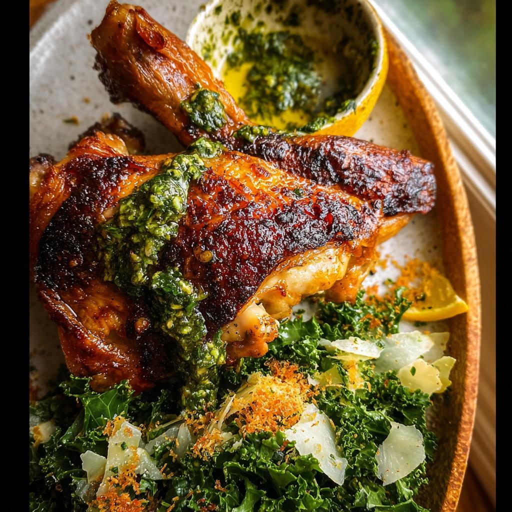 Juicy, crispy restaurant-style chicken thighs drizzled with gremolata, served with a kale salad and lemon.