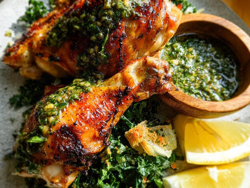 Close-up of juicy, grilled restaurant-style chicken thighs topped with a vibrant green herb sauce, served with kale and lemon wedges.