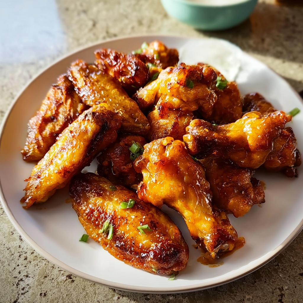 A plate of golden-brown, glossy restaurant-style chicken wings, garnished with chopped green onions.