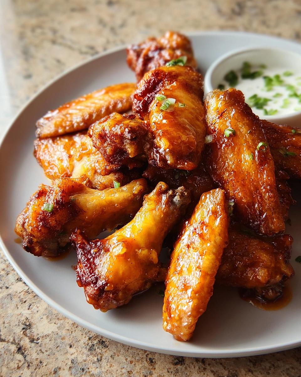 A plate of glistening, saucy restaurant-style chicken wings, garnished with green onions, served with a side of dipping sauce.