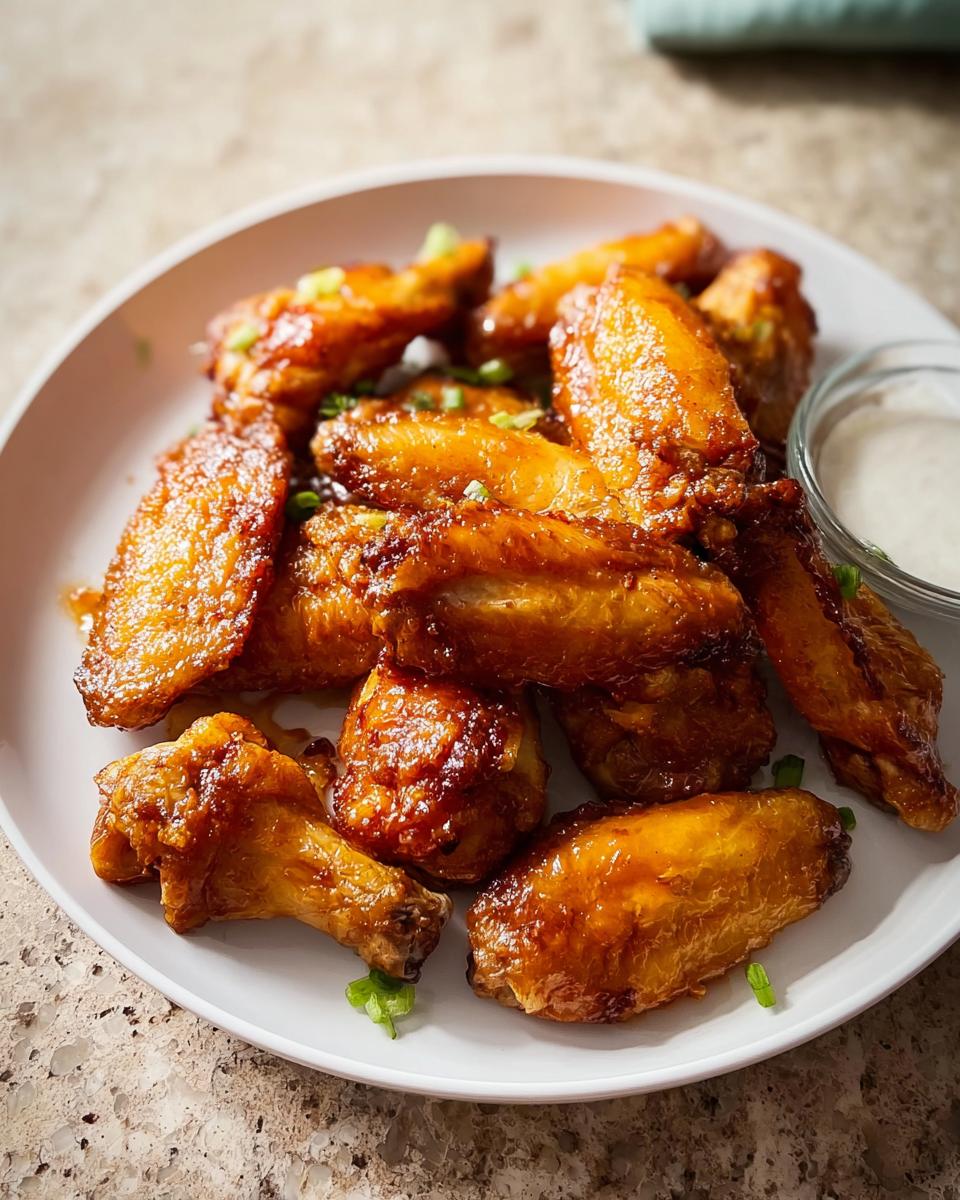 A plate of glossy, golden-brown restaurant-style chicken wings, garnished with green onions, served with a side of dipping sauce.