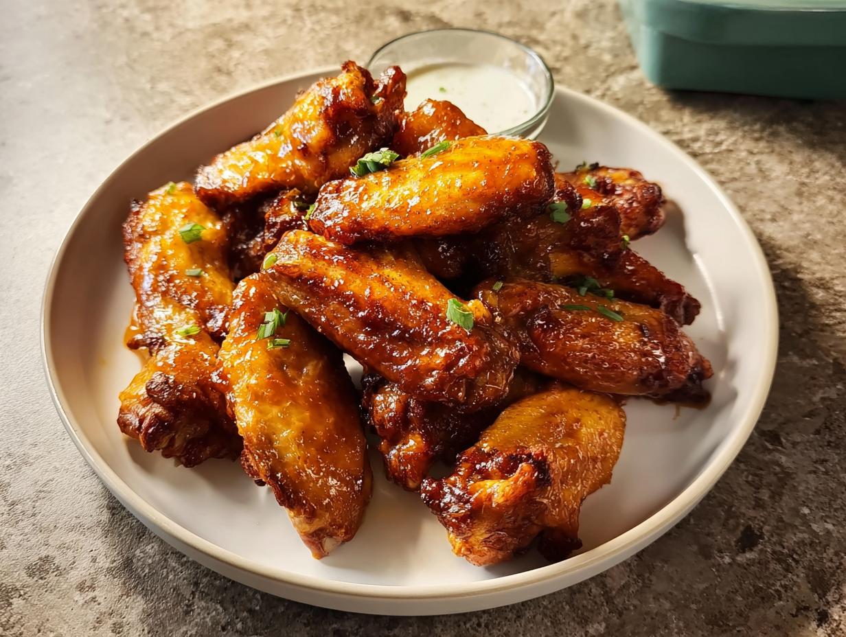 A plate of glistening, saucy restaurant-style chicken wings, garnished with chives, served with a side of dipping sauce.