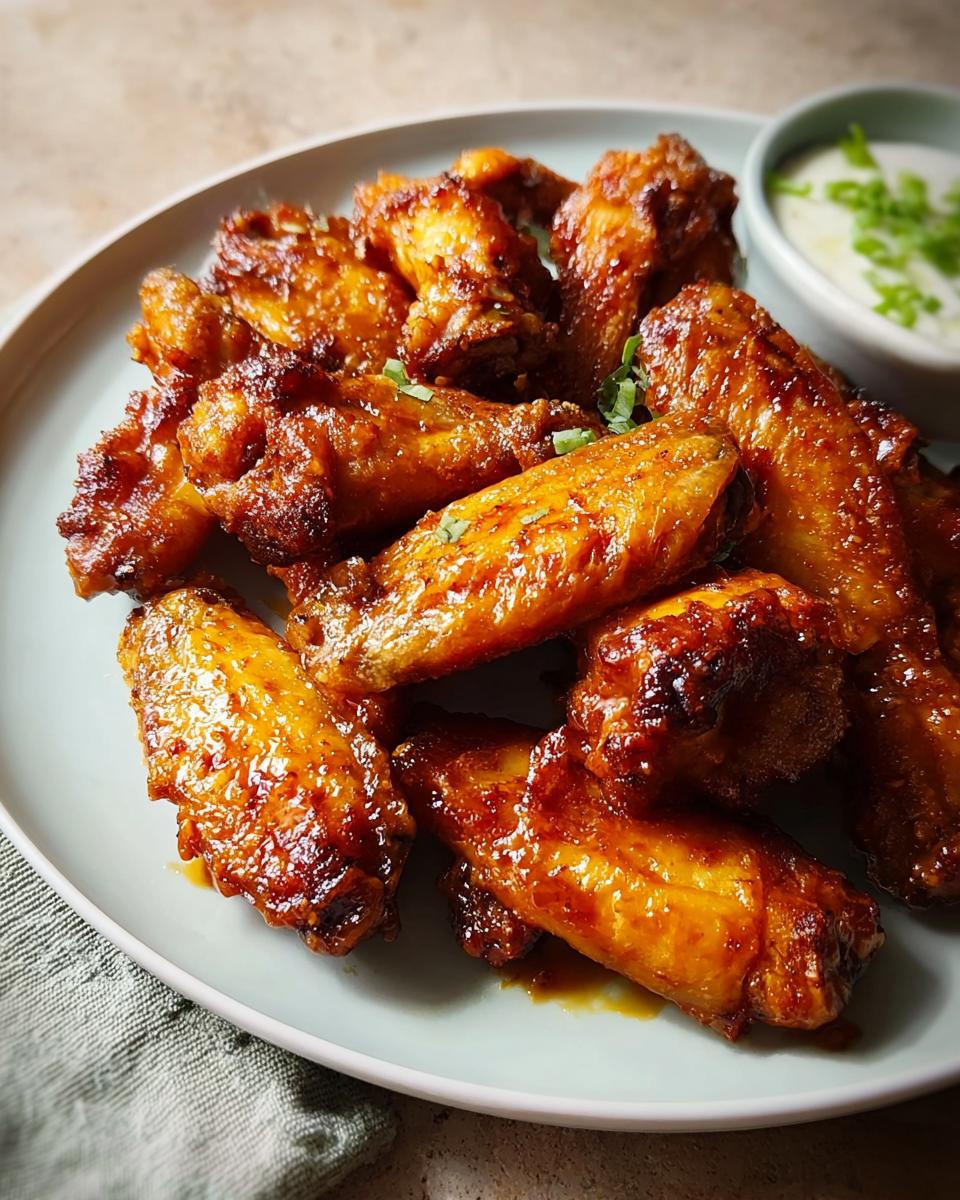 A plate of glossy, saucy restaurant-style chicken wings, perfect for a homemade recipe.
