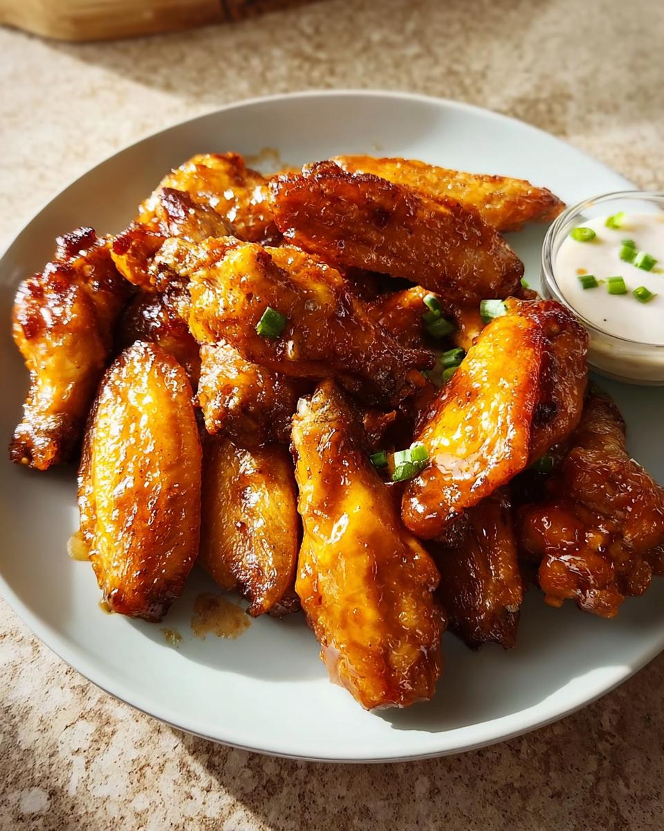 A plate of glossy, saucy restaurant-style chicken wings, garnished with green onions, served with a side of dipping sauce.