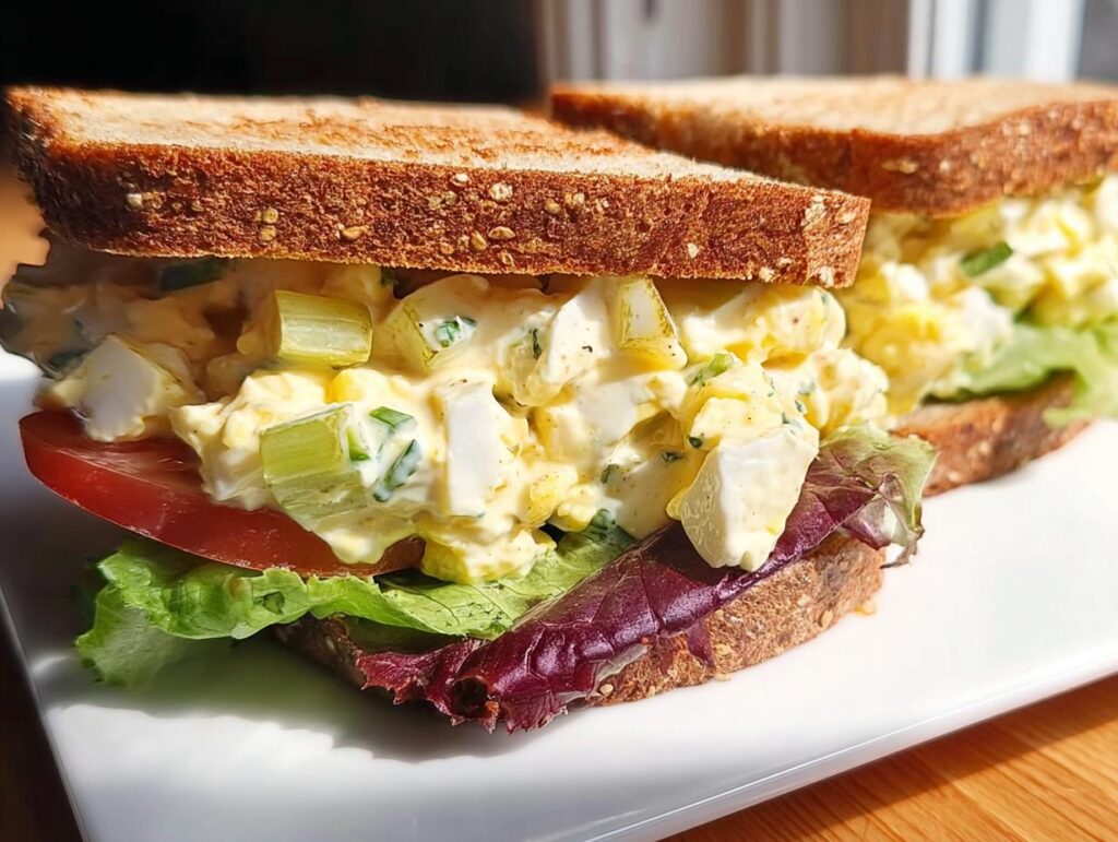 Close-up of a delicious restaurant-style egg salad sandwich with whole wheat bread, lettuce, tomato, and creamy egg salad.