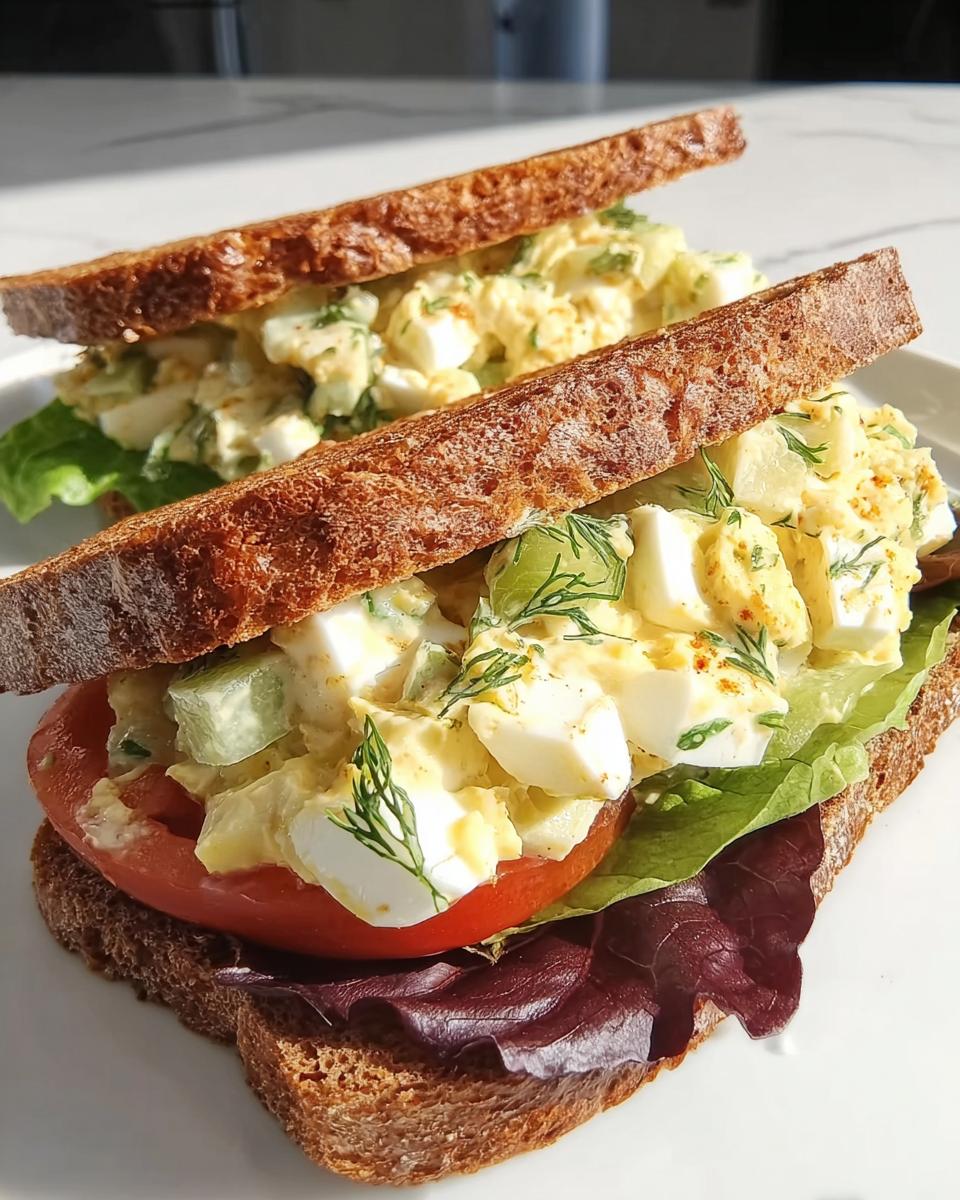 Two delicious restaurant-style egg salad sandwiches on whole wheat bread with lettuce and tomato.