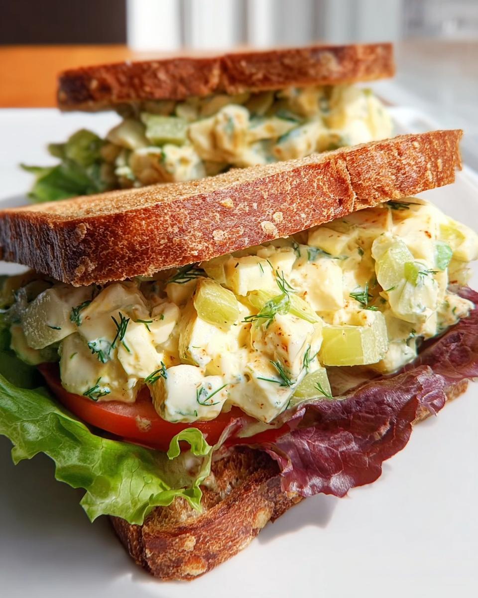 Close-up of a delicious restaurant-style egg salad sandwich with fresh lettuce, tomato, and dill on whole wheat bread.