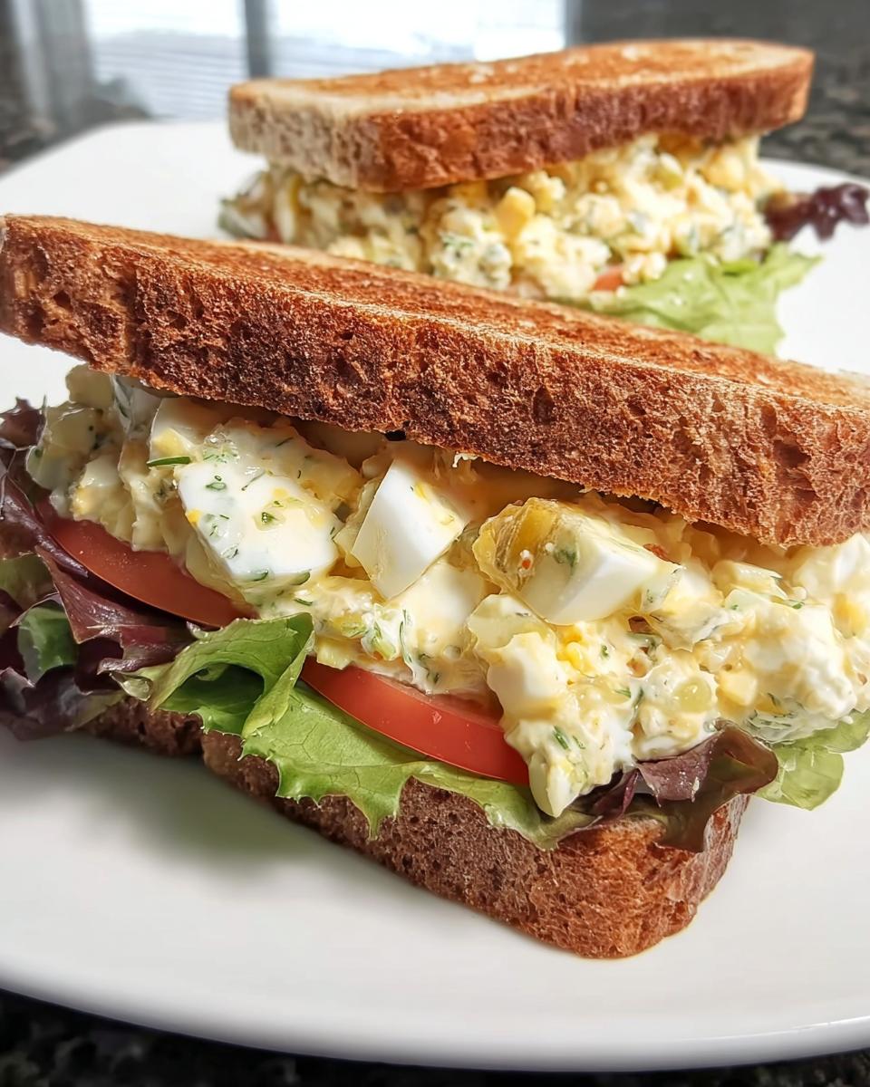 Two restaurant-style egg salad sandwiches on toasted whole wheat bread with lettuce and tomato.