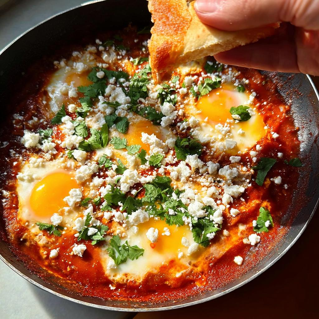 A pan of restaurant-style eggs poached in a rich tomato sauce, topped with crumbled feta cheese and fresh cilantro.