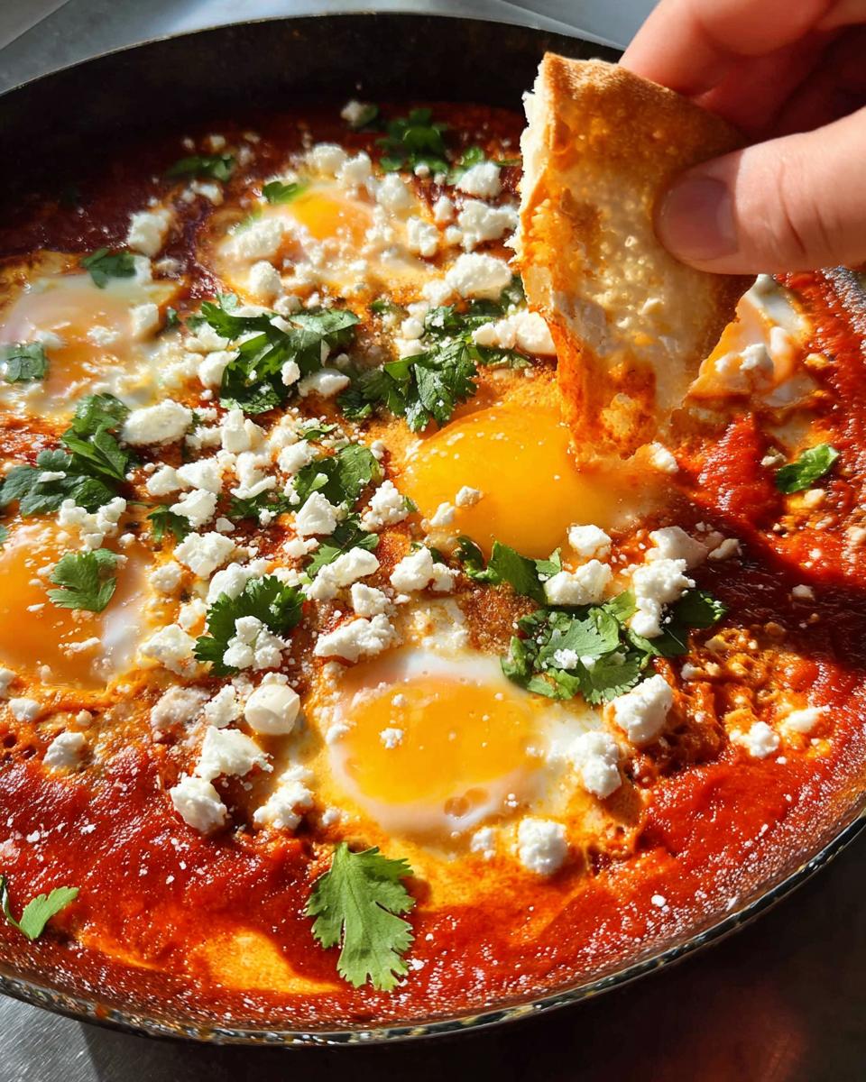A hand dips bread into a pan of restaurant-style eggs baked in a rich tomato sauce, topped with feta and cilantro.