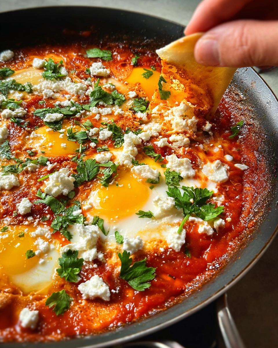 A hand dips a piece of bread into a skillet of restaurant-style eggs with feta cheese and parsley.