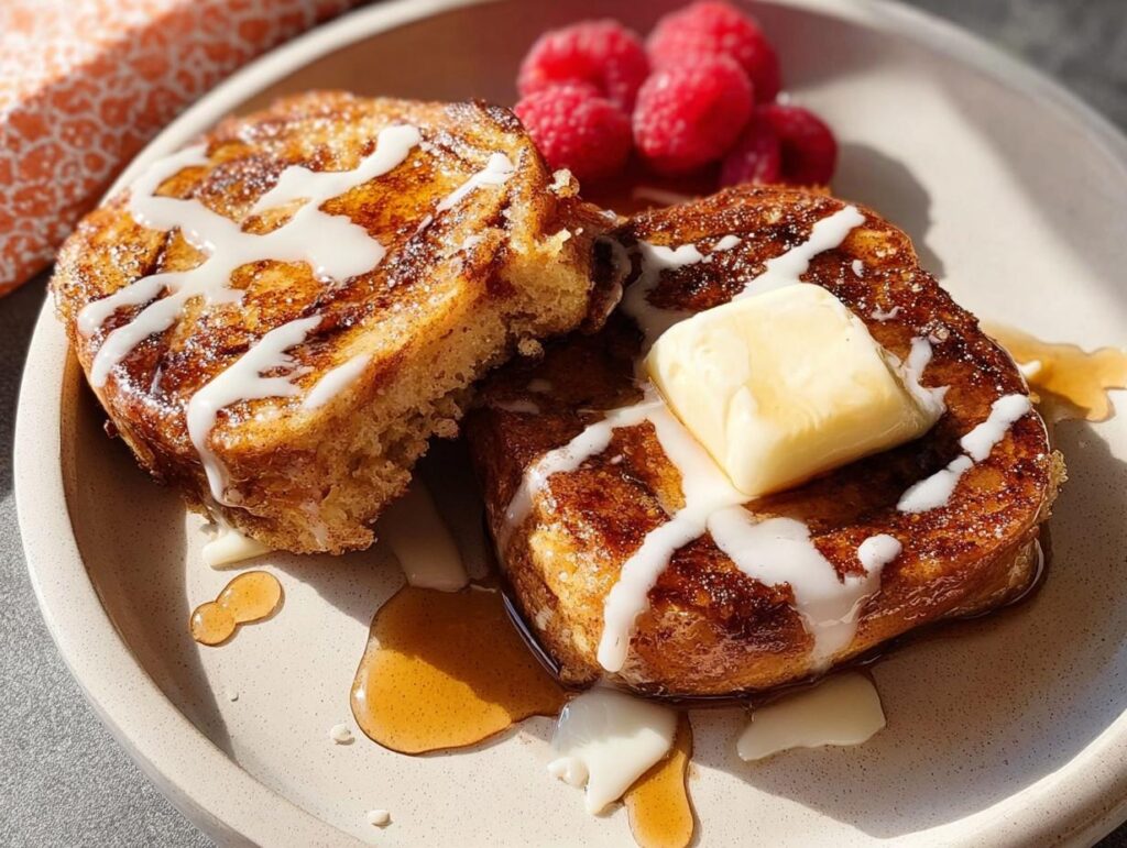Decadent restaurant-style French toast drizzled with icing, topped with butter and syrup, served with raspberries.