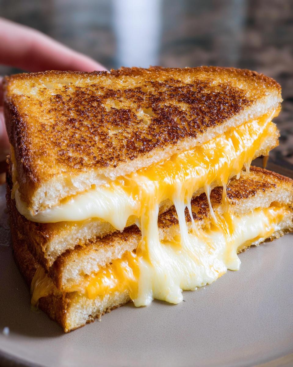 A close-up of a stacked restaurant-style grilled cheese sandwich with melted, gooey cheese dripping out.