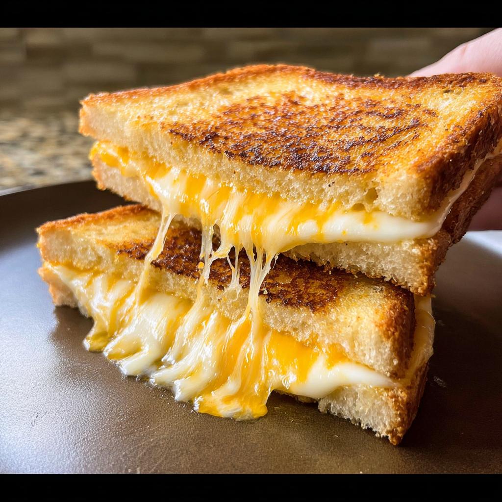 A stack of two perfectly golden-brown restaurant-style grilled cheese sandwiches with gooey, melted cheese dripping out.