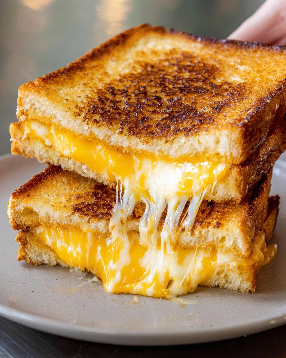 A close-up of two stacked restaurant-style grilled cheese sandwiches with gooey melted cheese stretching out.