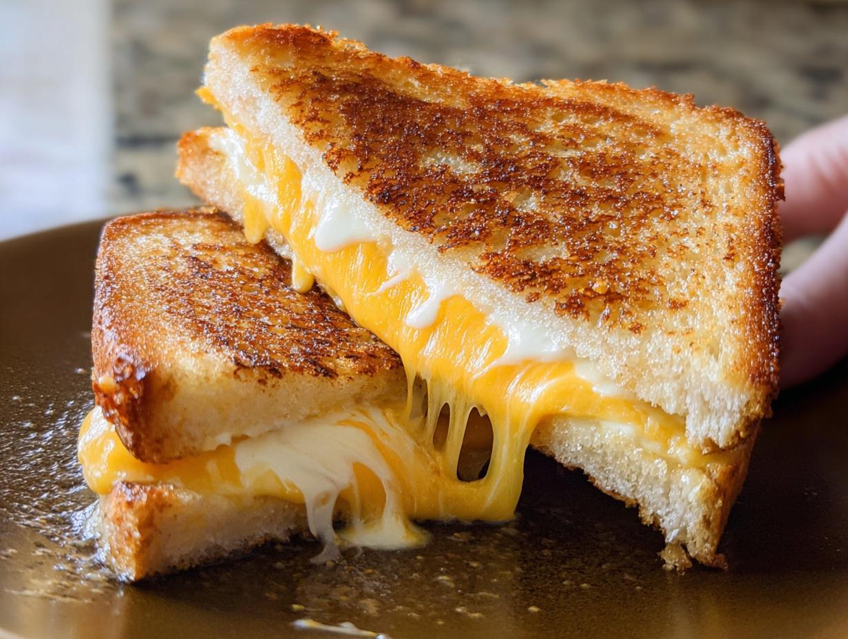 Close-up of a perfectly grilled cheese sandwich with gooey, melted cheese oozing out.
