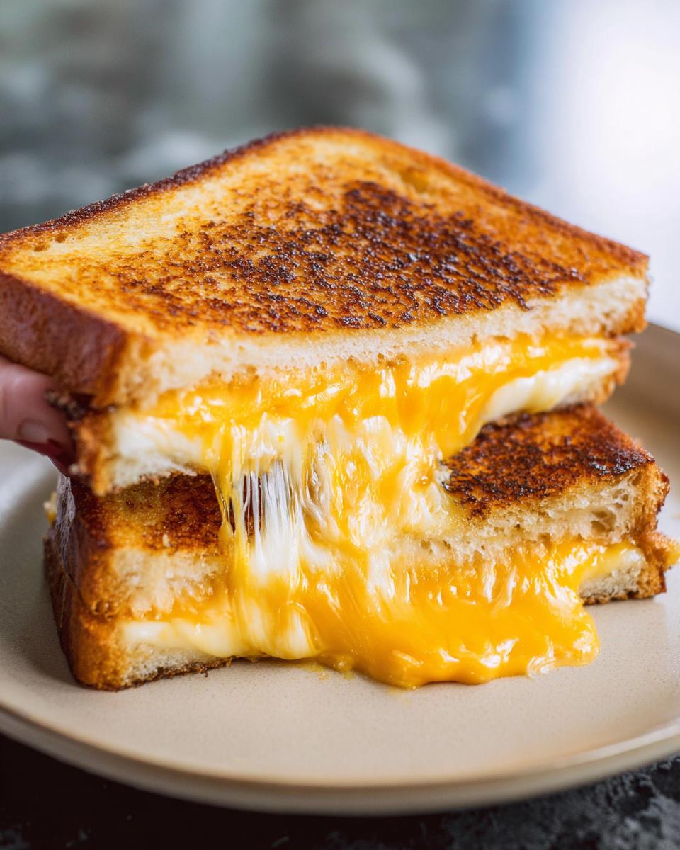 A close-up of a restaurant-style grilled cheese sandwich with gooey, melted cheese dripping out.