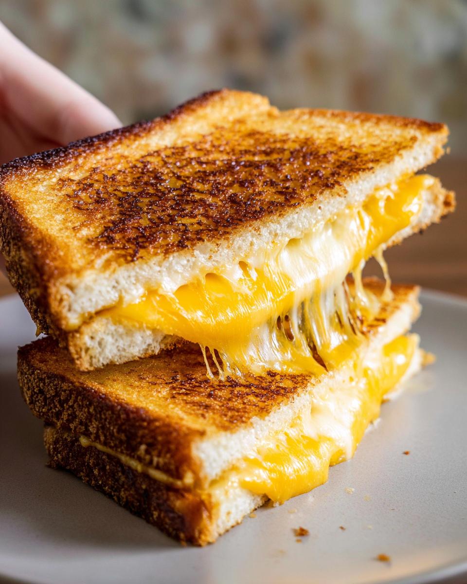 A perfectly grilled cheese sandwich with gooey, melted cheese oozing out, showcasing restaurant-style grilled cheese recipes at home.