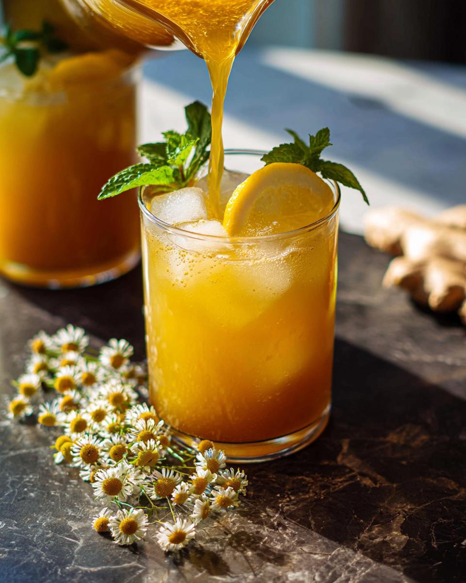 A glass of bright yellow ginger and lemon drink being poured over ice, garnished with mint and lemon slice. Part of Restaurant-Style Healthy Meals Recipes at Home (2025).