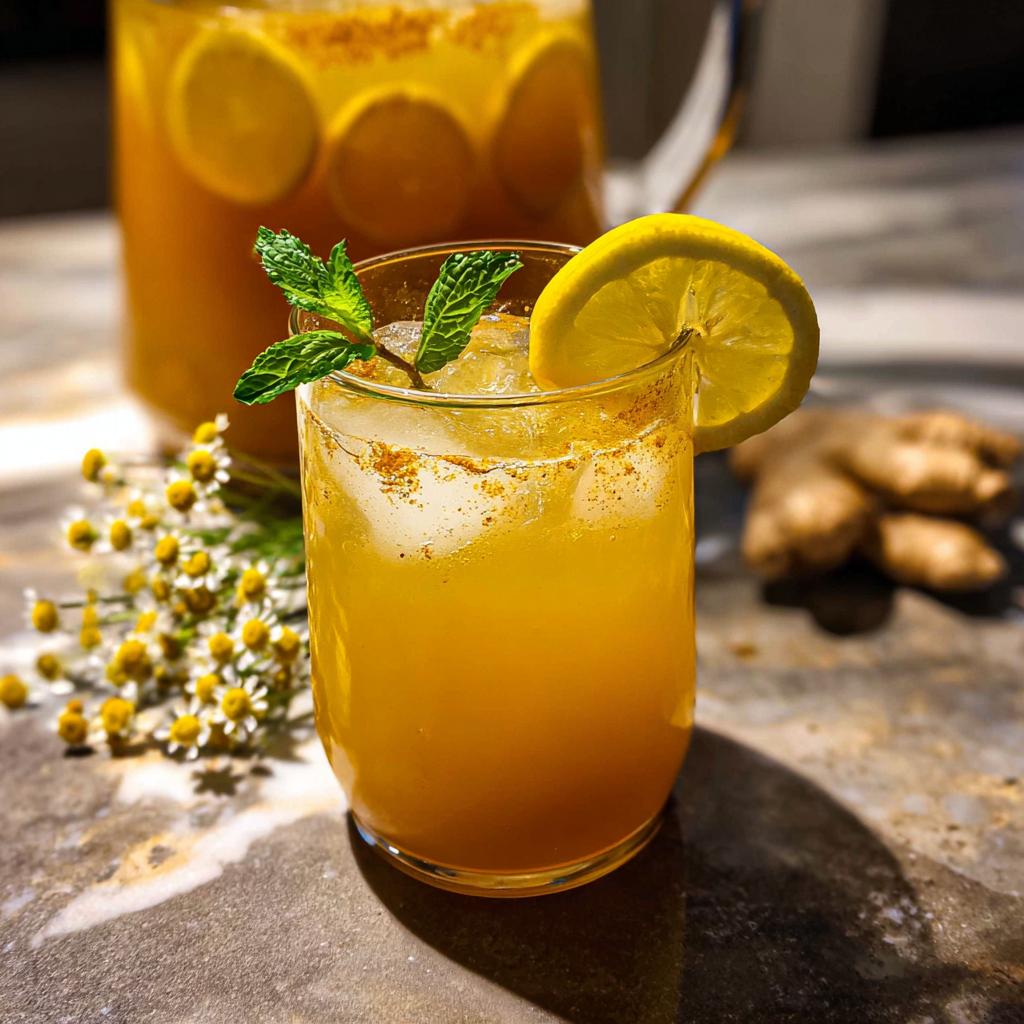A glass of vibrant ginger lemon drink with ice, garnished with mint and a lemon slice, part of Restaurant-Style Healthy Meals Recipes at Home.