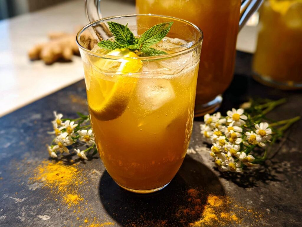 A refreshing glass of turmeric ginger drink with lemon and mint, part of Restaurant-Style Healthy Meals Recipes at Home.