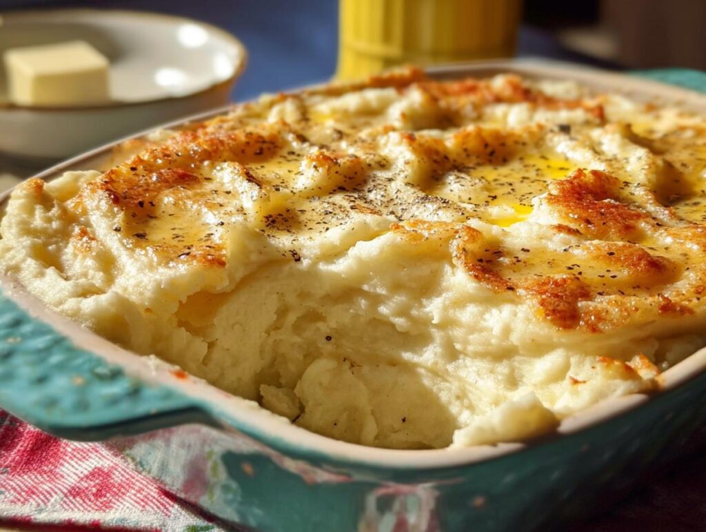 Decadent restaurant-style mashed potatoes in a baking dish, topped with melted butter and black pepper.