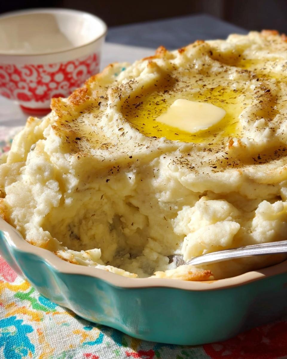 Close-up of decadent restaurant-style mashed potatoes in a baking dish, topped with melted butter and herbs.