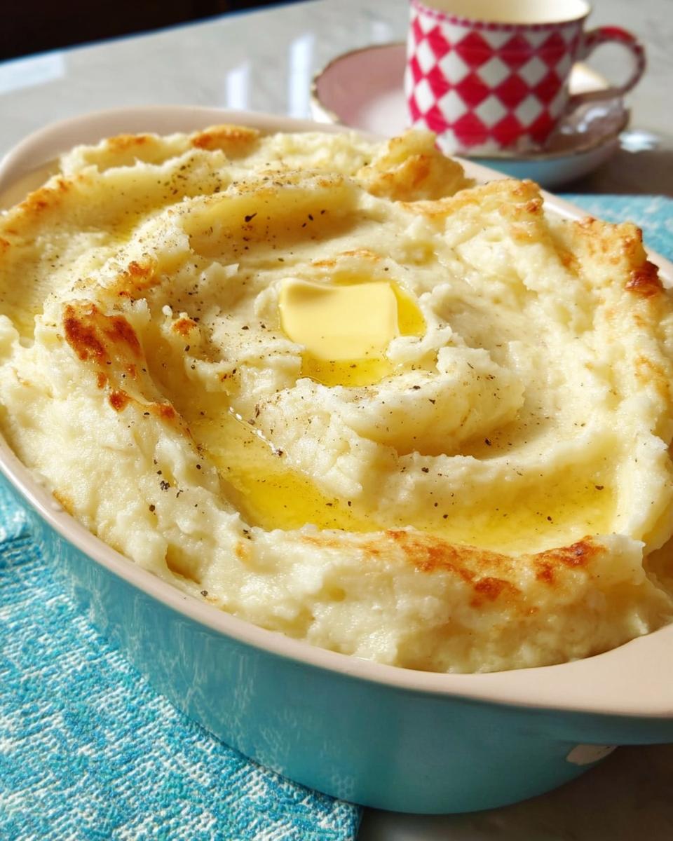 Close-up of creamy Restaurant-Style Mashed Potatoes topped with melted butter and black pepper.