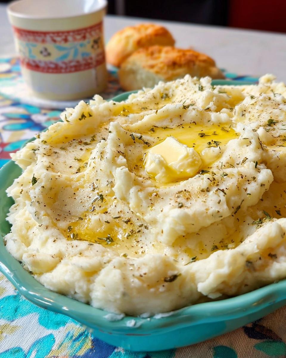 Close-up of creamy Restaurant-Style Mashed Potatoes topped with melted butter and herbs.