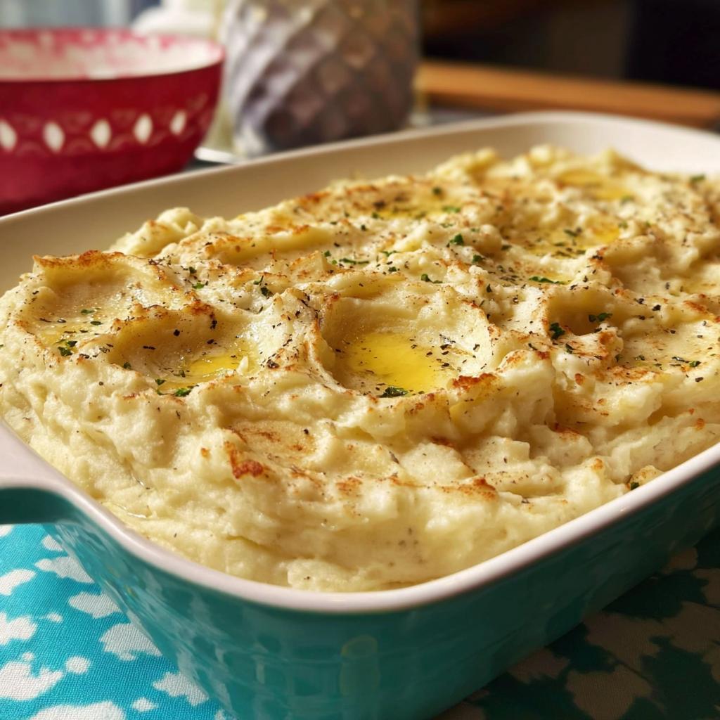 A close-up of creamy restaurant-style mashed potatoes in a baking dish, topped with melted butter and herbs.