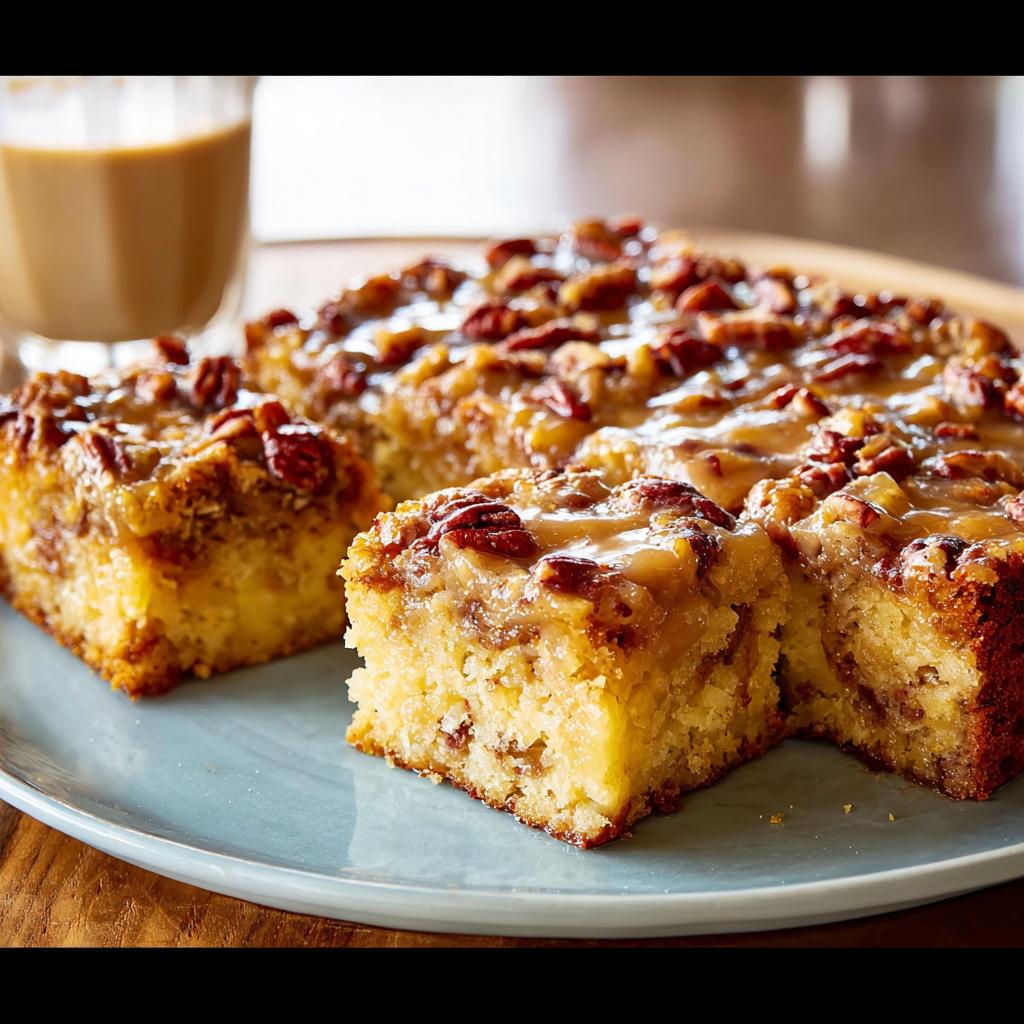 Close-up of restaurant-style pecan cake slices with caramel glaze and pecans, served with coffee.