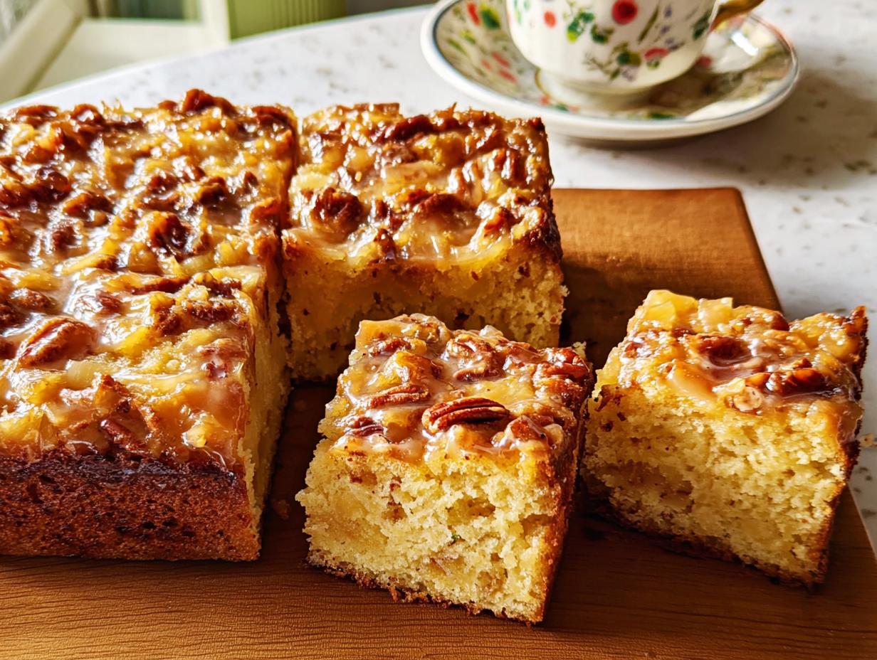 A close-up of a restaurant-style pecan cake, sliced and ready to serve, with a glossy caramel topping.