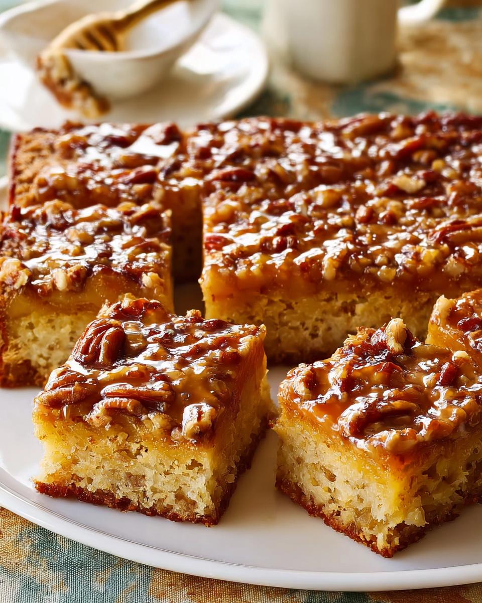 Close-up of restaurant-style pecan caramel cake slices, showcasing a rich caramel glaze and toasted pecans.