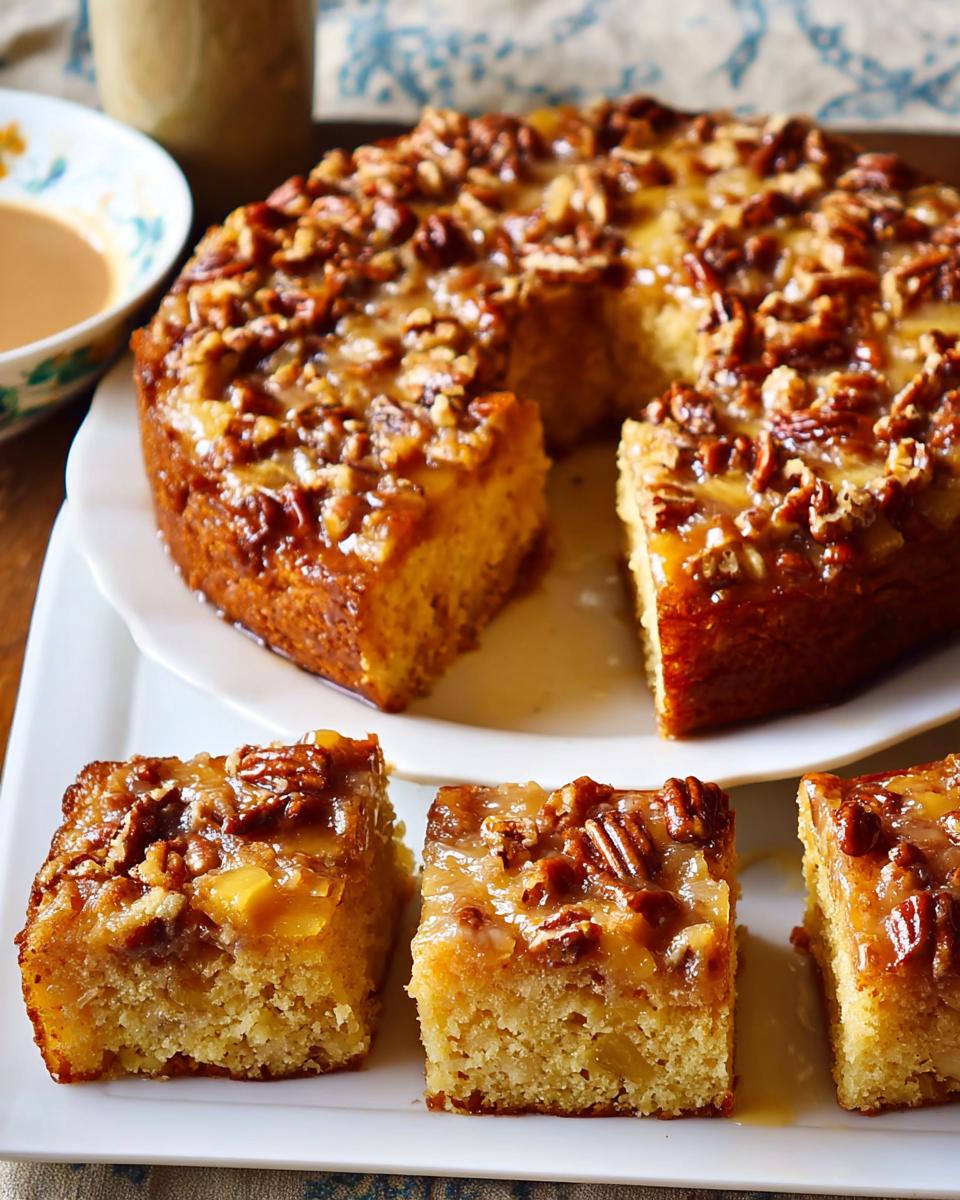 Close-up of restaurant-style pecan praline cake slices with a glossy caramel glaze and chopped pecans.