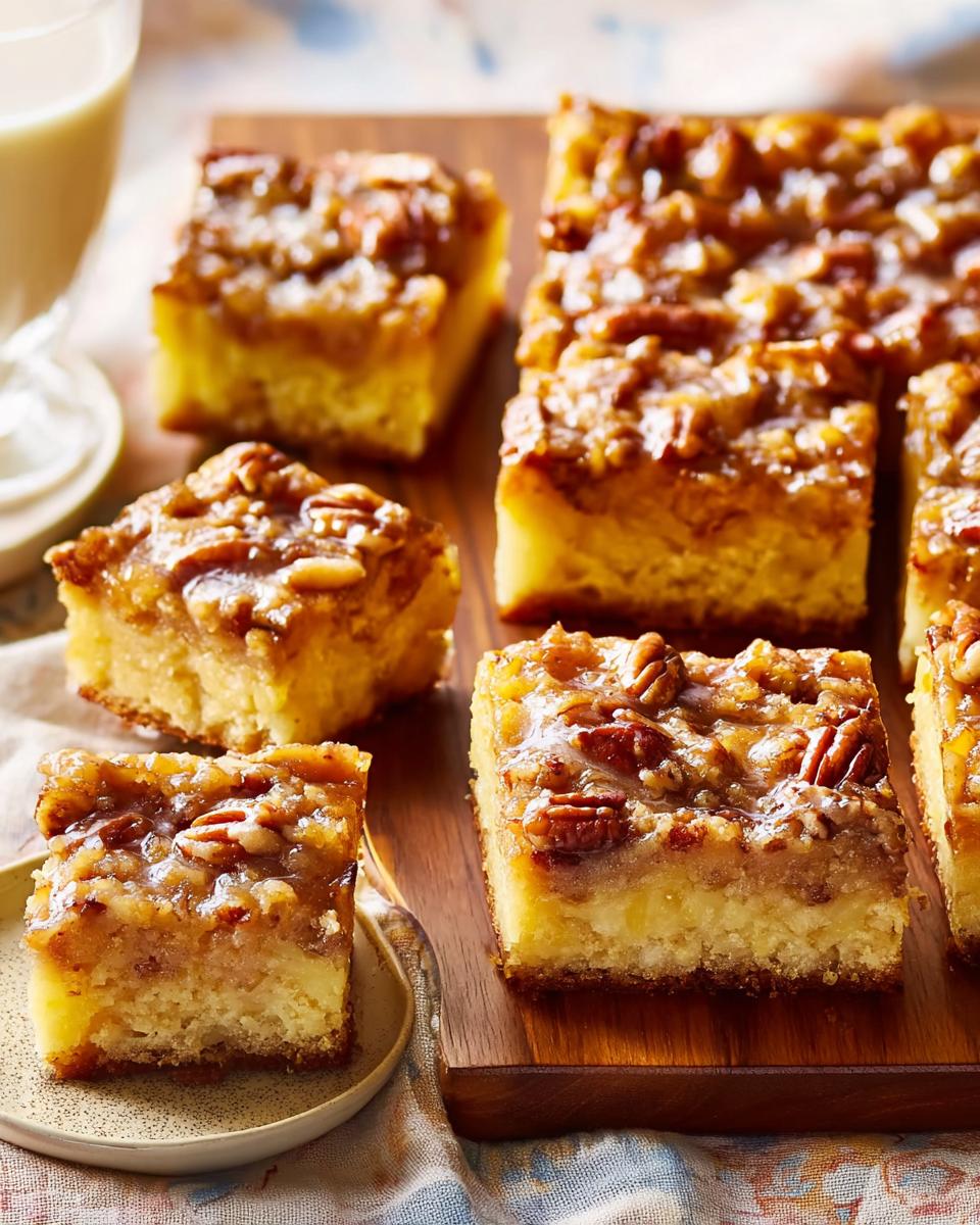 Close-up of restaurant-style pecan streusel cake slices, showcasing a moist cake base with a rich, gooey pecan topping.
