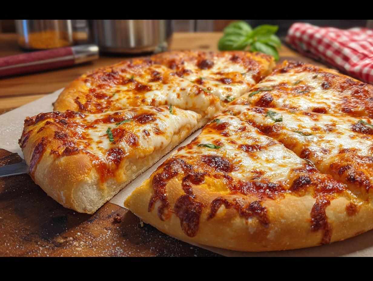 A freshly baked cheese pizza, sliced and ready to serve, perfect for restaurant-style pizza night recipes at home.