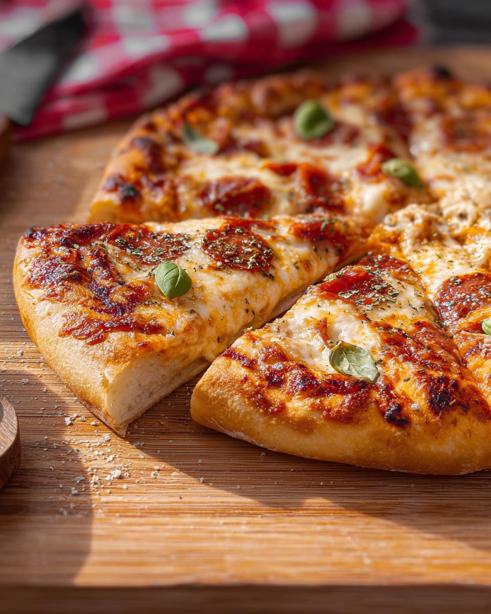A close-up of a delicious pepperoni pizza slice, showcasing melted cheese and fresh basil, perfect for Restaurant-Style Pizza Night Recipes at Home.