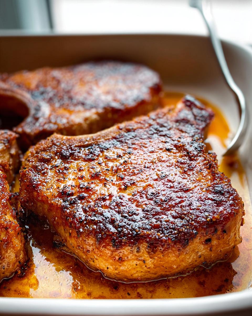 Close-up of perfectly cooked restaurant-style pork chops with a golden-brown crust, served in a savory sauce.